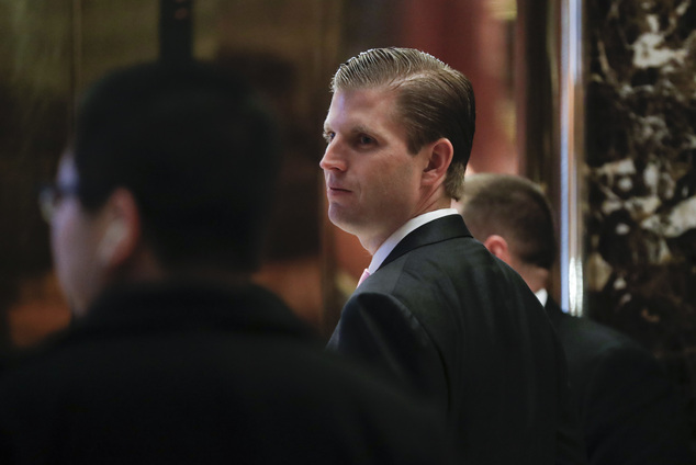 Eric Trump son of President-elect Donald Trump arrives at Trump Tower Thursday Nov. 17 2016 in New York