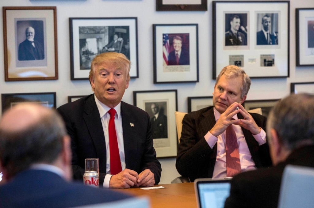 President-elect Donald Trump left and New York Times Publisher Arthur Sulzberger Jr. right appear during a meeting with editors and reporters at the New York Times building Tuesday Nov. 22 2016 in New York