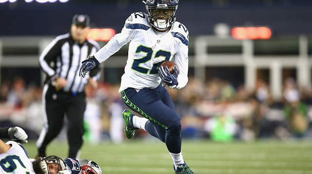 FOXBORO MA- NOVEMBER 13 C.J. Prosise #22 of the Seattle Seahawks carries the ball during the third quarter of a game against the New England Patriots during a game at Gillette Stadium