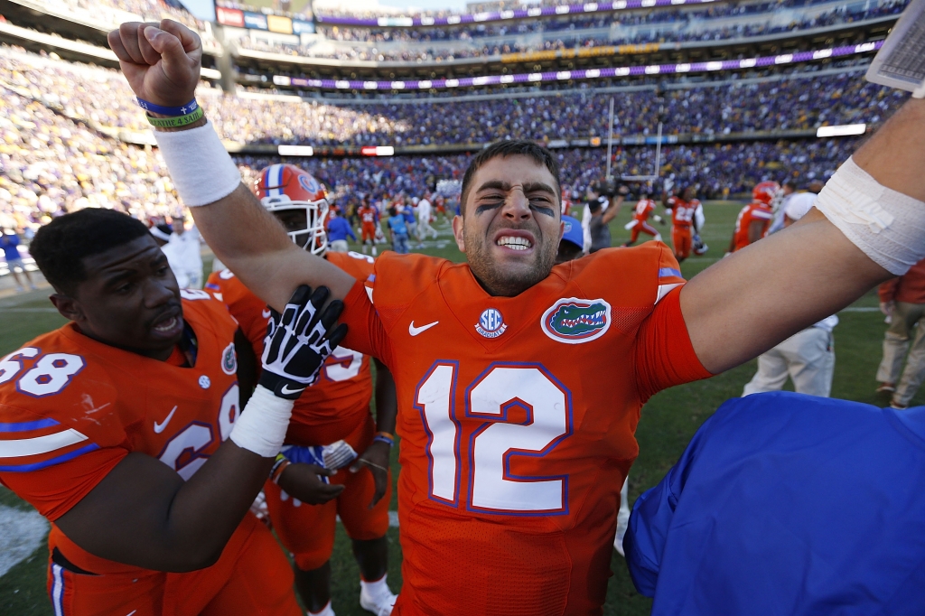 BATON ROUGE LA- NOVEMBER 19 Austin Appleby #12 of the Florida Gators celebrates after a game against the LSU Tigers at Tiger Stadium