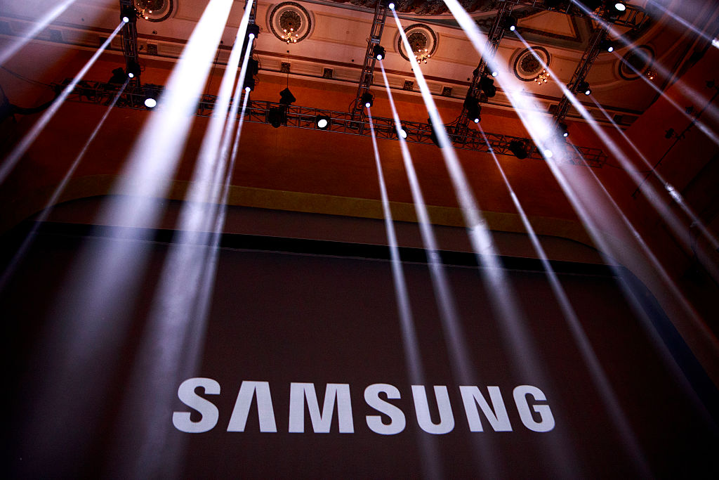 NEW YORK NY- AUGUST 2 The Samsung logo is displayed on a screen prior to the start of a launch event for the Samsung Galaxy Note 7 at the Hammerstein Ballroom