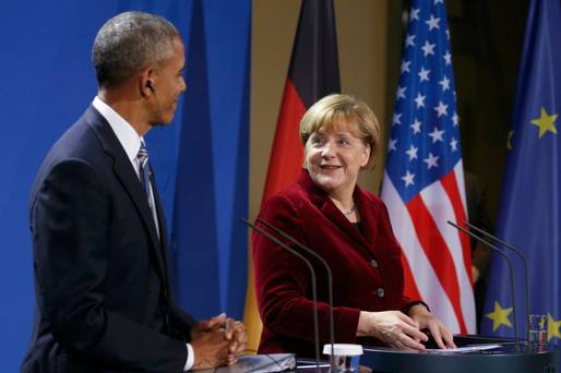 German Chancellor Angela Merkel speaks during a joint news conference with U.S. President Barack Obama in Berlin