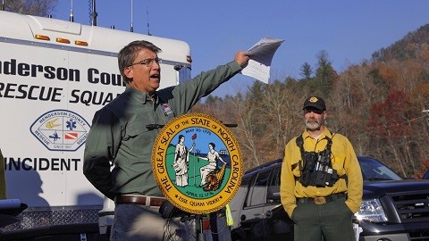 Governor Mc Crory provides an update from Bat Cave Volunteer Fire Department in Henderson County