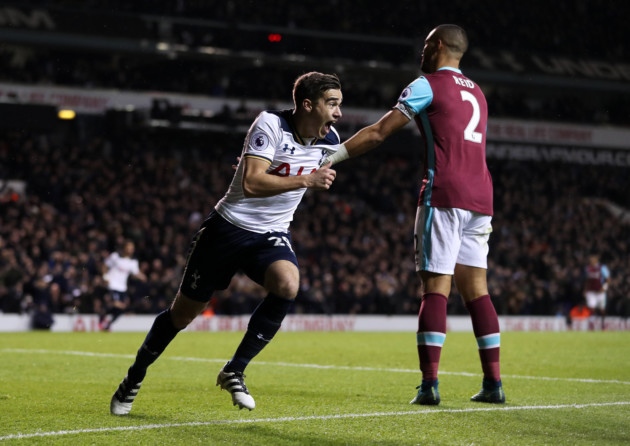 Harry Winks wheels away after scoring his first goal for Tottenham in his first Premier League start for the club on Saturday