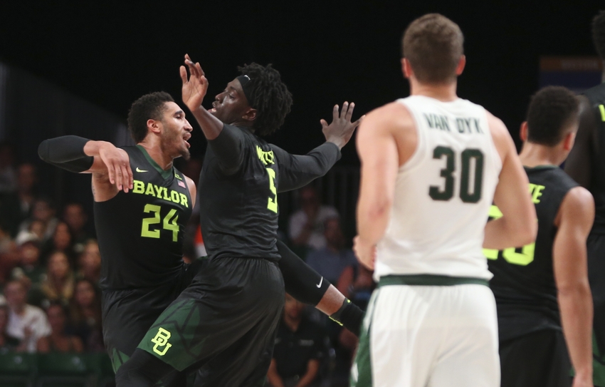 Nov 24 2016 Paradise Island BAHAMAS Baylor Bears forward Johnathan Motley and guard Ishmail Wainright celebrate in front of Michigan State Spartans forward Matt Van Dyk during the second half in the 2016 Battle 4 Atlantis in the Imperial