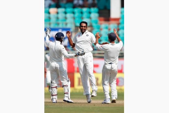 India's Jayant Yadav center celebrates with teammates the dismissal of England's Ben Stokes on the last day of their second cricket test match in Visakhapatnam India Monday Nov. 21 2016