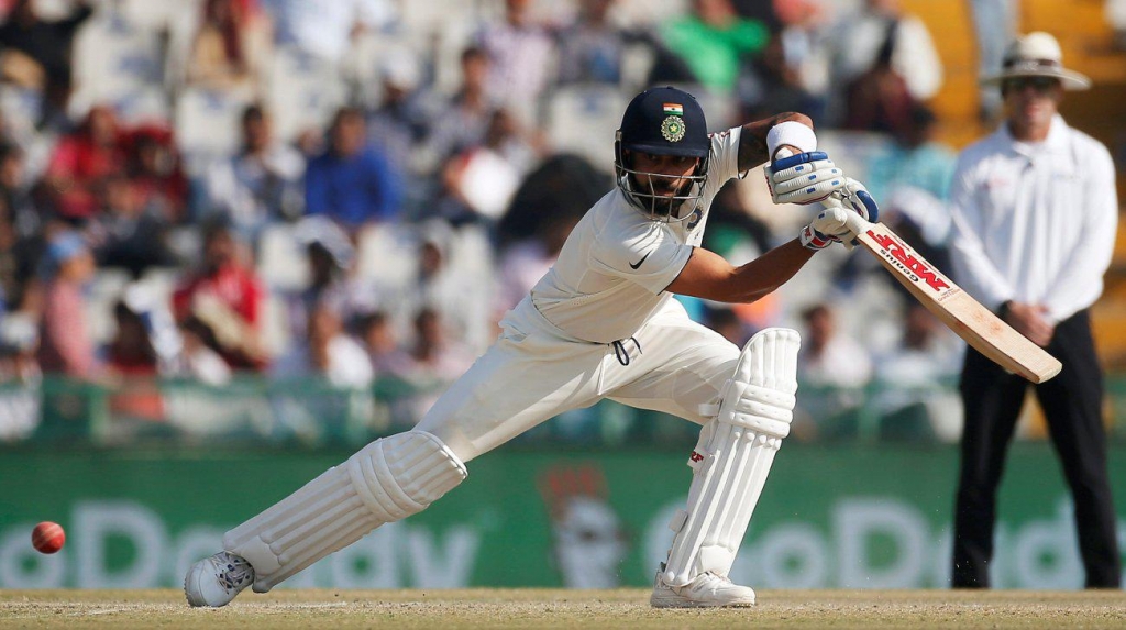 India's Virat Kohli plays a shot during the third Test against England at Punjab Cricket Association Stadium Mohali