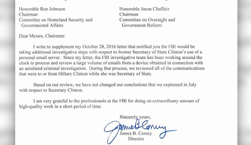 James Comey's letter to Congress saying he stand by his previous statement