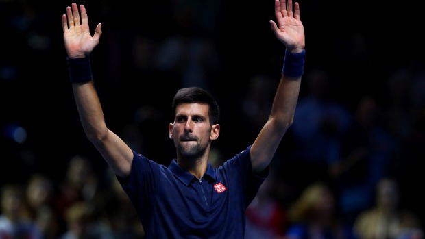 Novak Djokovic Serbia celebrates victory in his men's singles match against Dominic Thiem of Austria on day one of the