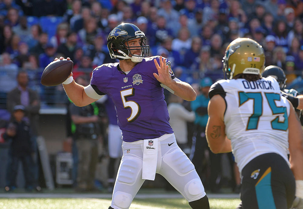 Nov. 15 2015- Baltimore MD USA- Baltimore Ravens quarterback Joe Flacco attempt a pass on the first drive during the first quarter on Sunday Nov. 15 2015 at M&T Bank Stadium in Baltimore