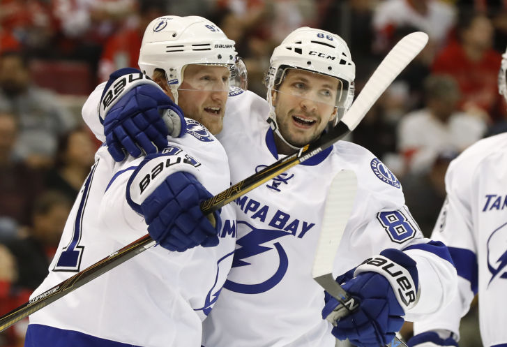 Tampa Bay Lightning center Steven Stamkos left celebrates his goal against the Detroit Red Wings with Nikita Kucherov in the first period of an NHL hockey game Tuesday Nov. 15 2016 in Detroit. MIPS101