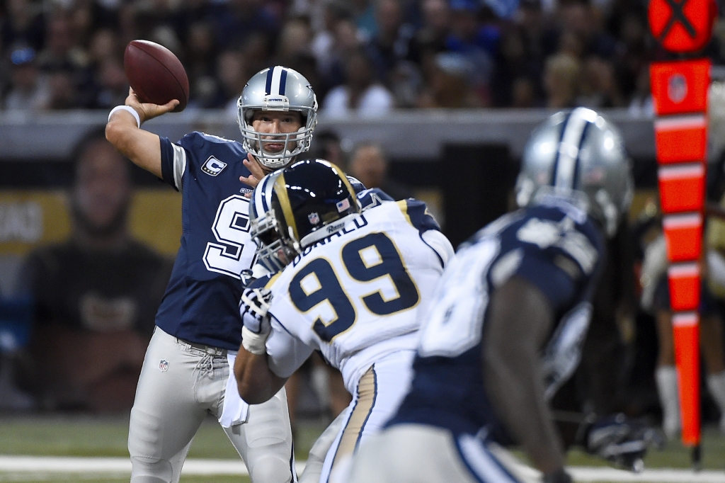 Sep 21 2014 St. Louis MO USA Dallas Cowboys quarterback Tony Romo attempts a pass against the St. Louis Rams during the first half at the Edward Jones Dome. Mandatory Credit Jasen Vinlove-USA TODAY Sports