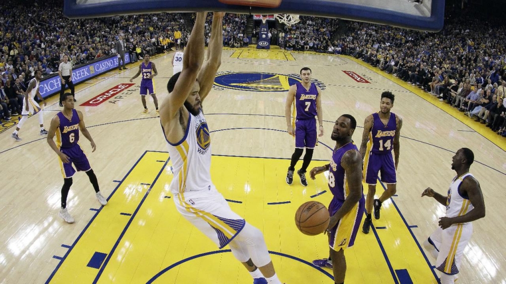 Golden State Warriors Ja Vale McGee center dunks against the Los Angeles Lakers during the first half of an NBA basketball game Wednesday Nov. 23 2016 in Oakland Calif