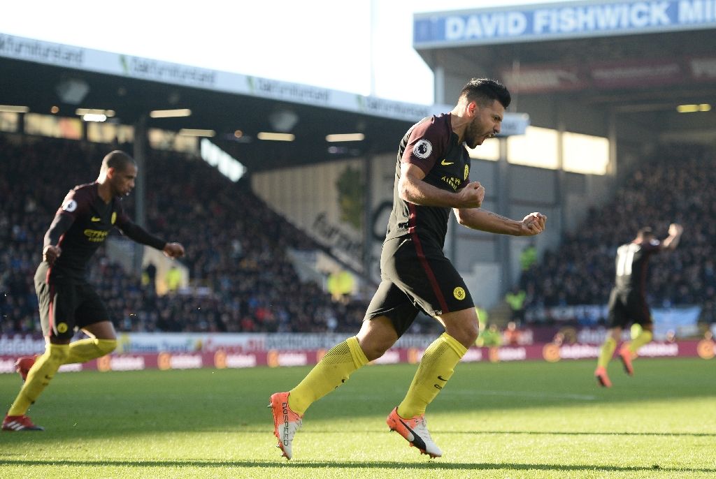 Manchester City's Argentinian striker Sergio Aguero celebrates after scoring their first goal during the English