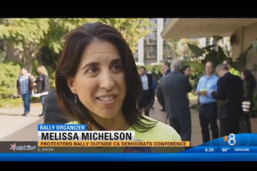 Melissa Michelson at the California Democratic Party Executive Board Meeting in San Diego. Screenshot via CBS 8