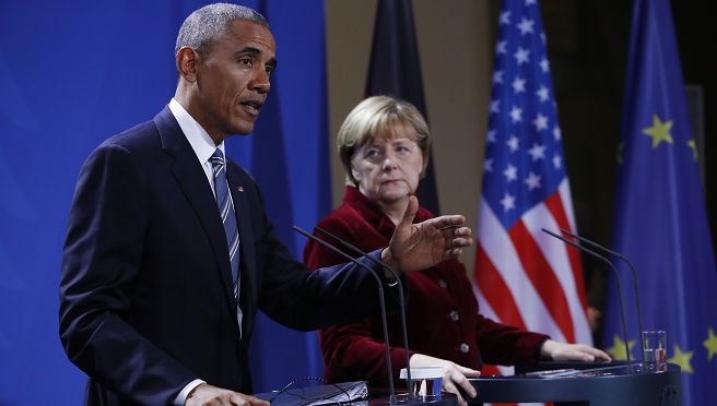 President Barack Obama and German Chancellor Angela Merkel participate in a news conference in Berlin Thursday Nov. 17 2016