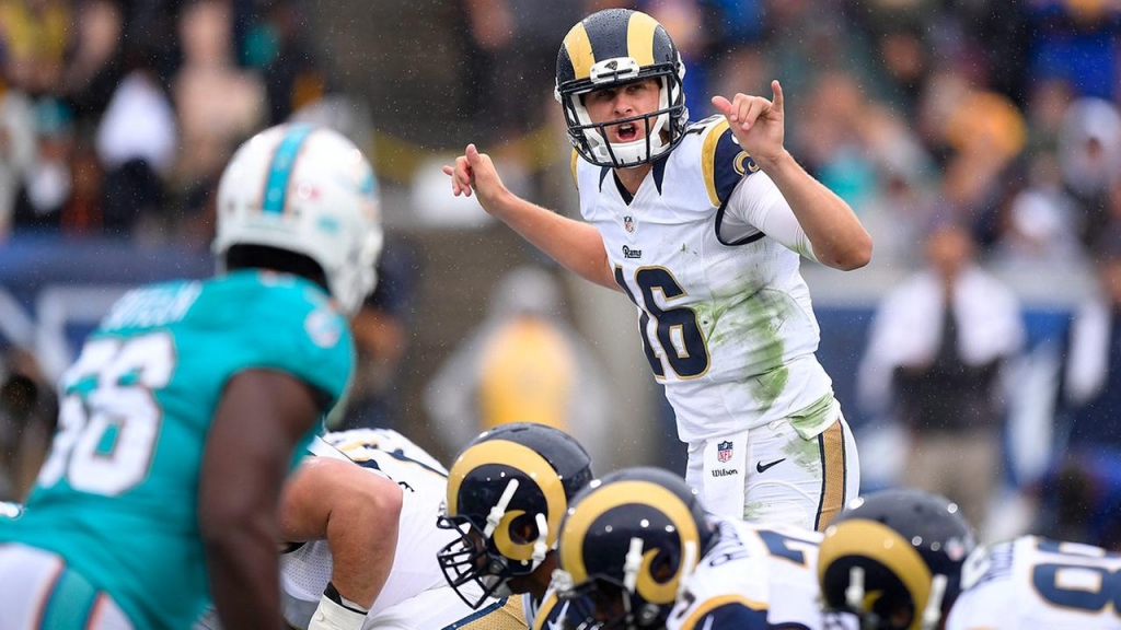 Los Angeles Rams quarterback Jared Goff plays against the Miami Dolphins in his NFL debut on Sunday Nov. 20 2016 in Los Angeles