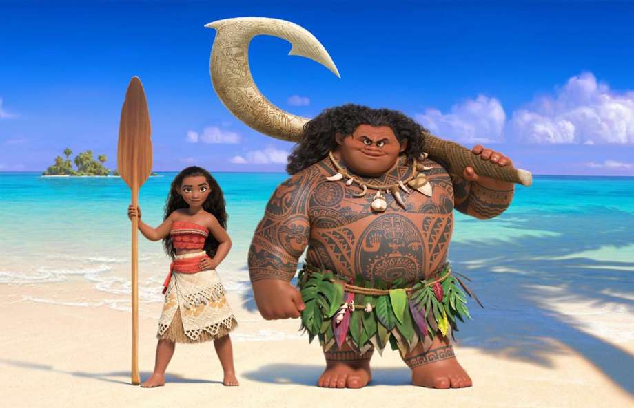 Moana left and Maui in'Moana' the Disney movie about a young Pacific Island princess who dreams of becoming an ocean navigator