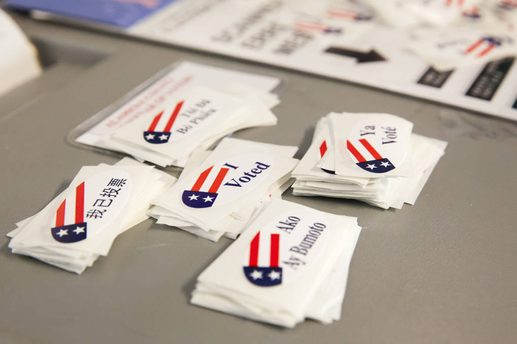 Multilingual 'I Voted&#039 stickers at a polling place in Berkeley