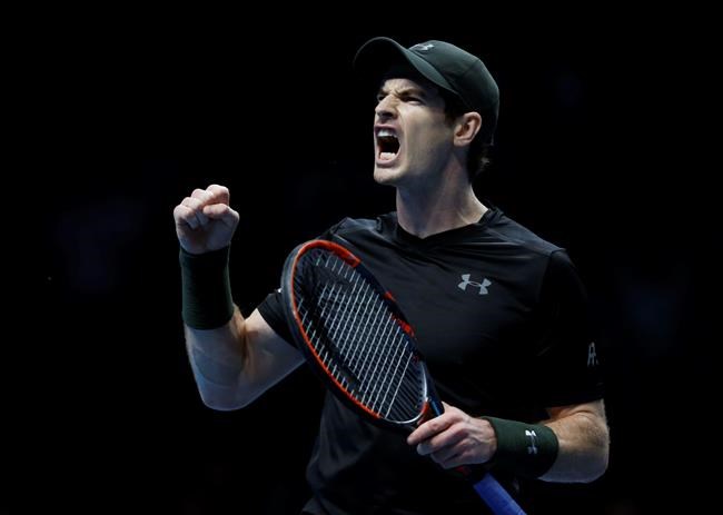 Britain's Andy Murray celebrates winning a point during the ATP World Tour Finals singles tennis match against Kei Nishikori of Japan at the O2 arena in London Wednesday Nov. 16 2016