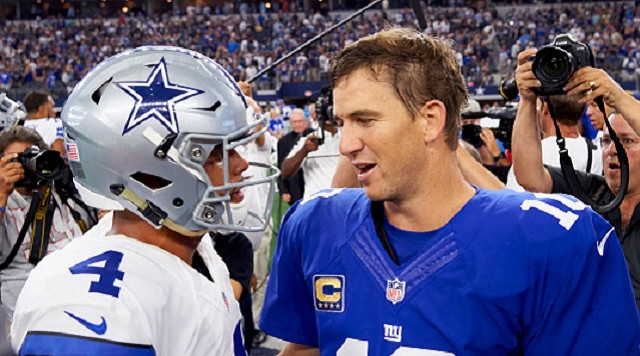 Football Dallas Cowboys QB Dak Prescott with New York Giants QB Eli Manning after game at AT&T Stadium.
Arlington TX 9/11/2016
CREDIT Greg Nelson