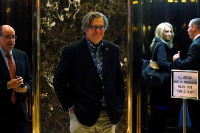 Campaign CEO Stephen Bannon departs the offices of Republican president-elect Donald Trump at Trump Tower in New York