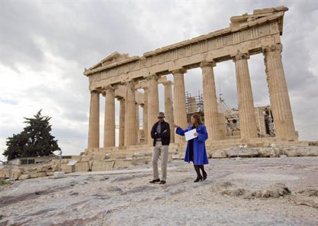 U.S. President Barack Obama tours Acropolis with Dr. Eleni Banou right director of Ephorate of Antiquities for Athens Ministry of Culture Wednesday Nov. 16 2016 in Athens