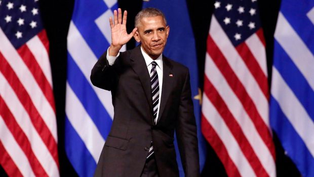 A final farewell President Barack Obama after his speech at the Stavros Niarchos Foundation Cultural Centre in Athens