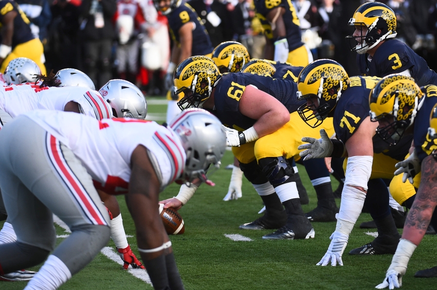 Nov 28 2015 Ann Arbor MI USA Michigan Wolverines offensive line lines up against the Ohio State Buckeyes defense line during the game at Michigan Stadium. Mandatory Credit Tim Fuller-USA TODAY Sports