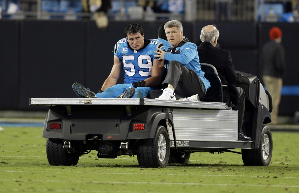 Carolina’s Luke Kuechly is taken off the field after being injured in the second half Thursday against the New Orleans Saints