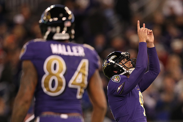 BALTIMORE MD- NOVEMBER 10 Kicker Justin Tucker #9 of the Baltimore Ravens celebrates a second quarter field goal against the Cleveland Browns at M&T Bank Stadium