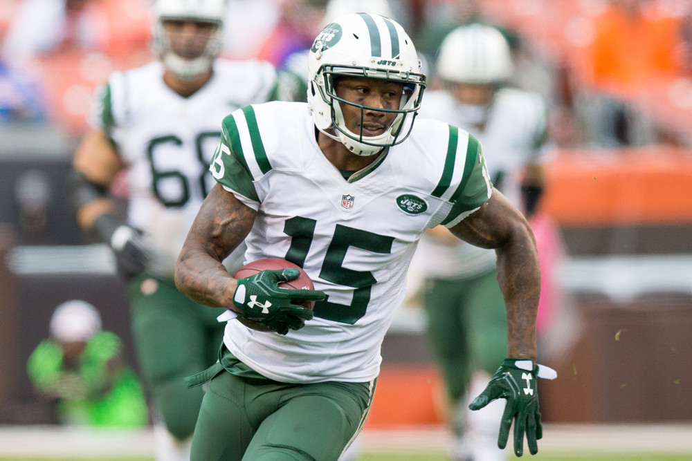 CLEVELAND OH- OCTOBER 30 New York Jets Wide Receiver Brandon Marshall runs after making a catch during the fourth quarter of the NFL game between the New York Jets and Cleveland Browns