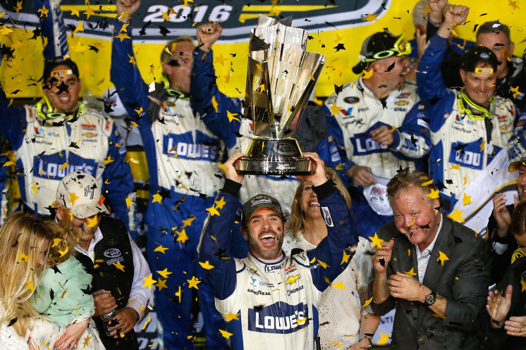 Jimmie Johnson who started last and benefited from a late crash that gave him a path to the lead ties a record with a seventh championship