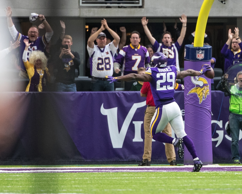 Nov 20 2016 Minneapolis MN USA Minnesota Vikings cornerback Xavier Rhodes returns an interception 100 yards for a touchdown during the second quarter against the Arizona Cardinals at U.S. Bank Stadium. Mandatory Credit Brace Hemmelgarn-USA TODA