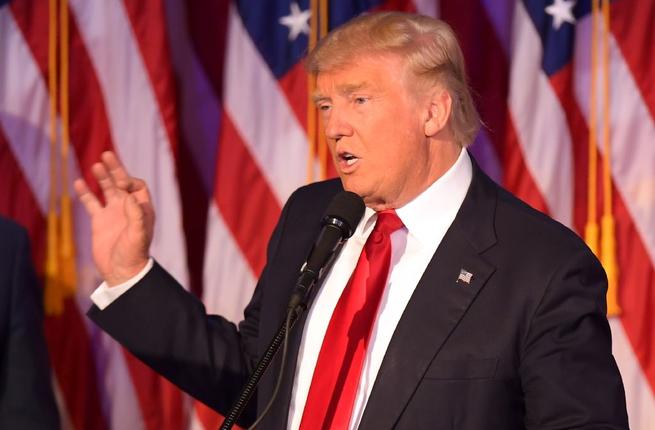 Republican presidential elect Donald Trump speaks during election night at the New York Hilton Midtown in New York