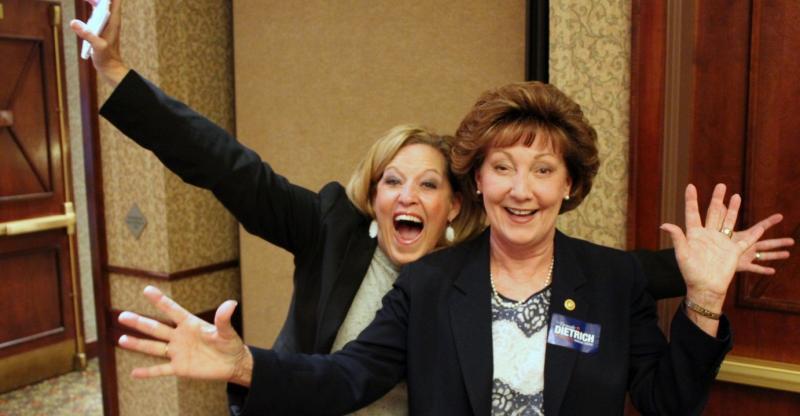 Republican Senator Vicki Schmidt left and Republican Rep.-elect Brenda Dietrich celebrate their victories in Tuesday’s election at a party in Topeka