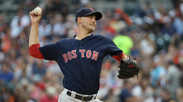 Rick Porcello #22 of the Boston Red Sox pitches in the first inning of the game against the Detroit Tigers