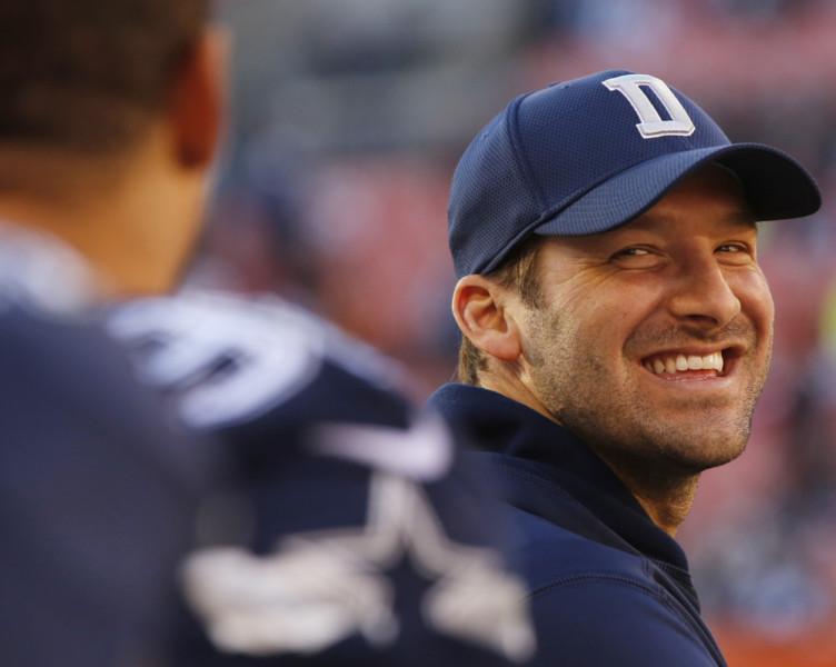 Cleveland OH USA- Injured Dallas Cowboys quarterback Tony Romo grins during the closing moments as the Dallas Cowboys defeat the Cleveland Browns 35-10 on Sunday Nov. 6 2016 in First Energy Stadium in Cleveland Ohio