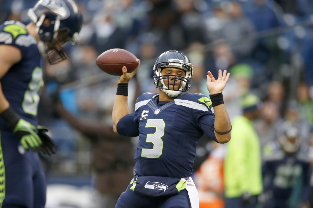 SEATTLE WA- NOVEMBER 20 Quarterback Russell Wilson #3 of the Seattle Seahawks warms upbefore the game against the Philadelphia Eagles at Century Link Field