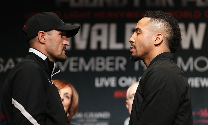 Sergey Kovalev and Andre Ward face off at their final news conference prior to their bout Saturday in Las Vegas