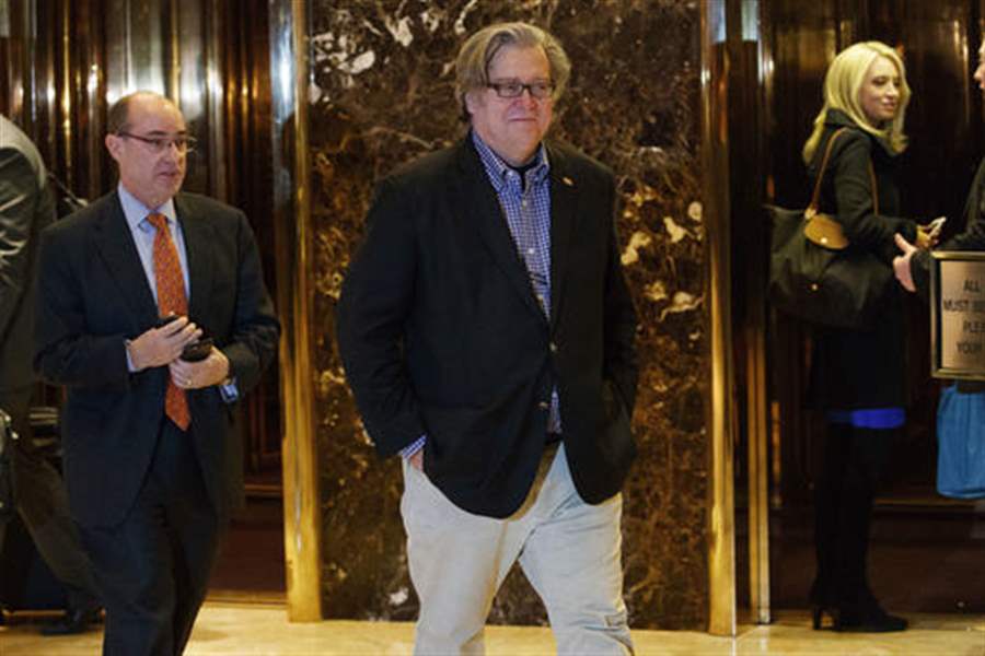 Stephen Bannon campaign CEO for President-elect Donald Trump leaves Trump Tower in New York on Friday. AP