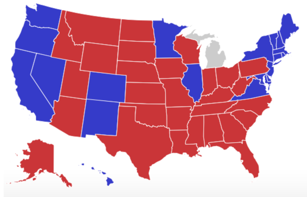 The Electoral Map as it stands now. Trump currently leads Michigan but it won't be called until the Michigan Secretary of State certifies the vote