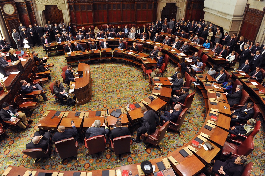 Members of the senate gather during this year's first day of session at the Capitol on Wednesday Jan. 6 2016 in Albany N.Y