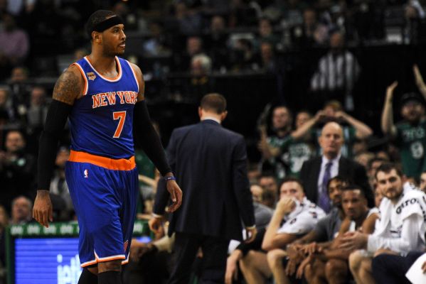 New York Knicks forward Carmelo Anthony walks