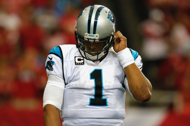 2 October 2016 Carolina Panthers quarterback Cam Newton reacts as he walks off the field in the Atlanta Falcons 48-33 victory over the Carolina Panthers at the Georgia Dome in Atlanta Georgia