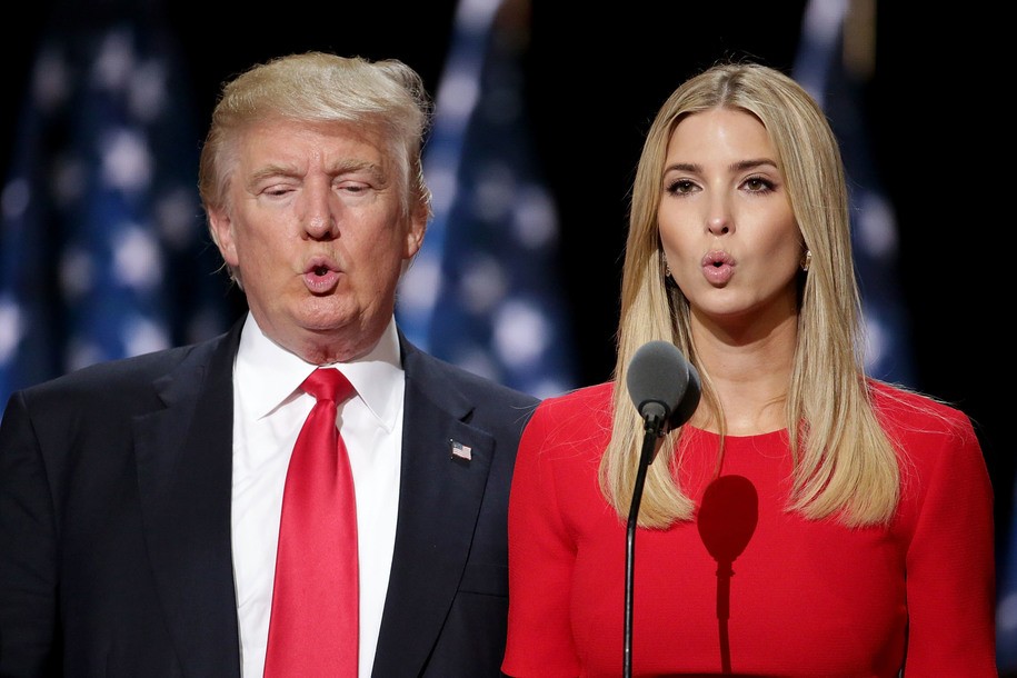 CLEVELAND OH- JULY 21 Republican presidential candidate Donald Trump and his daughter Ivanka Trump test the teleprompters and microphones on stage before the start of the fourth day of the Republican National Convention