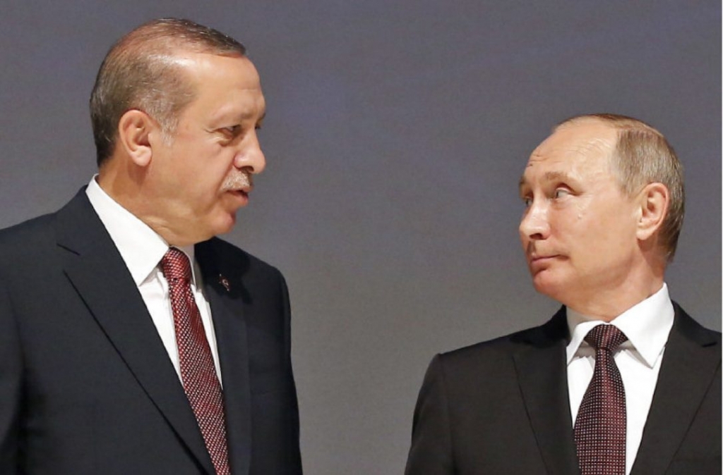 Turkey's President Recep Tayyip Erdogan left with Russian President Vladimir Putin