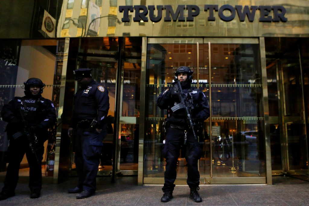 U.S. secret service agents stand guard outside Donald Trump's Trump Tower in New York