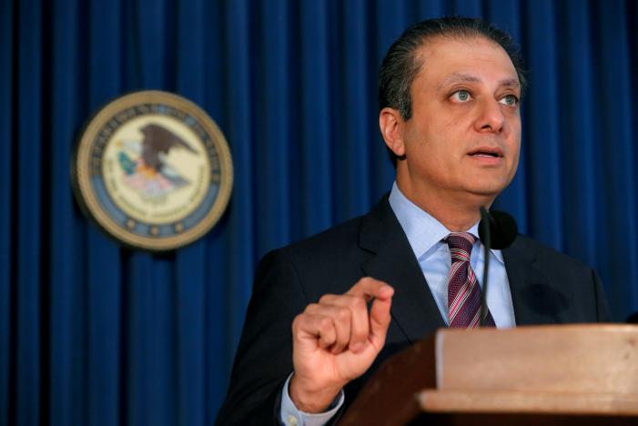 U.S. Attorney for the Southern District of New York Preet Bharara speaks during a news conference regarding the arrests of former Valeant Pharmaceuticals Inc. executive Gary Tanner and former Chief Executive Officer of Philidor Rx Services LLC Andrew Dave