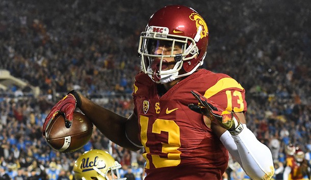 Nov 19 2016 Pasadena CA USA USC Trojans wide receiver De'Quan Hampton celebrates after a touchdown in the first half of the game against the UCLA Bruins at the Rose Bowl. USC won 36-14